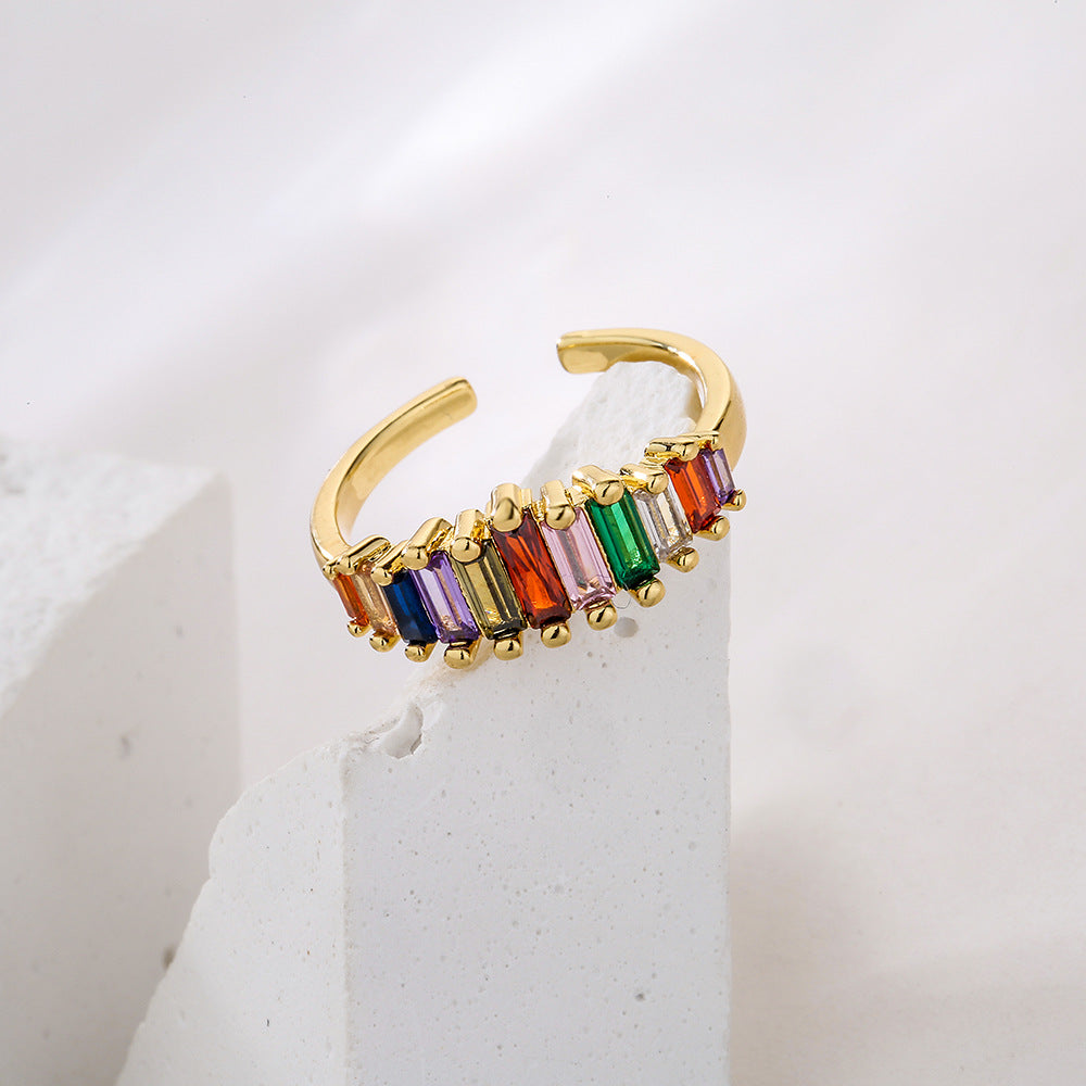 Geometric Open Ring in Copper with 18K Gold Plating and Rainbow Zircon Inlay for Women