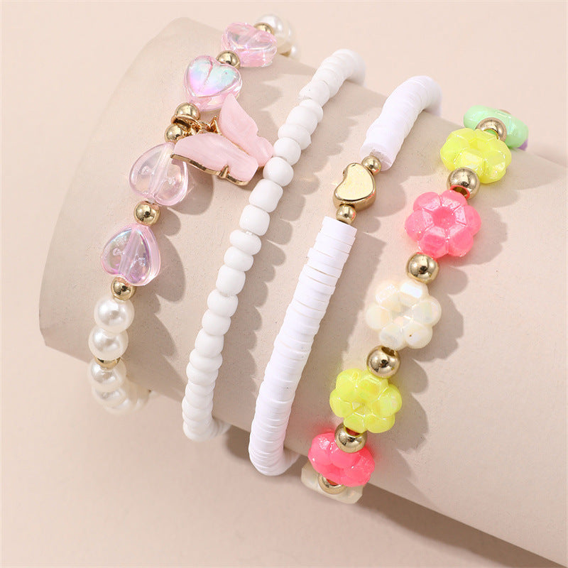 Pulsera de Cuentas de Arcilla Polimérica Corazón Floral Rosa Minimalista para Niñas, Hecha a Mano con Perlas de Cerámica Suave