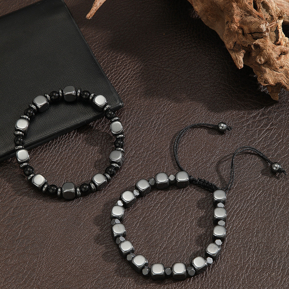 Handmade Geometric Round Hematite Bracelet for Men and Women Adjustable Fashion Casual Jewelry
