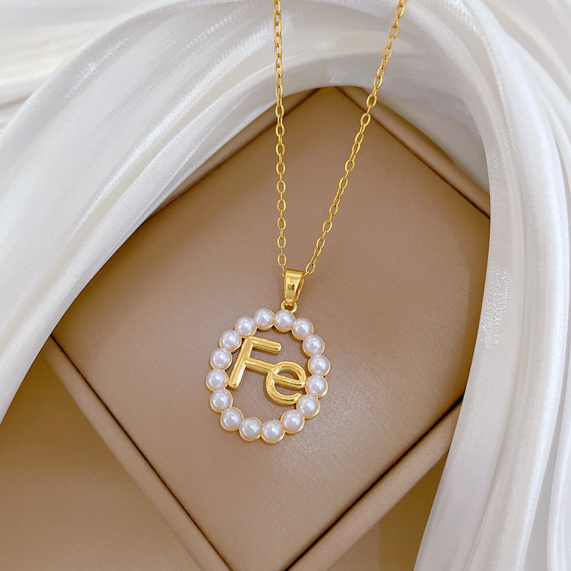 Sweet Geometric Moon Hollow Pearl Rhinestone Pendant Necklace Titanium Steel Cable Chain for Unisex