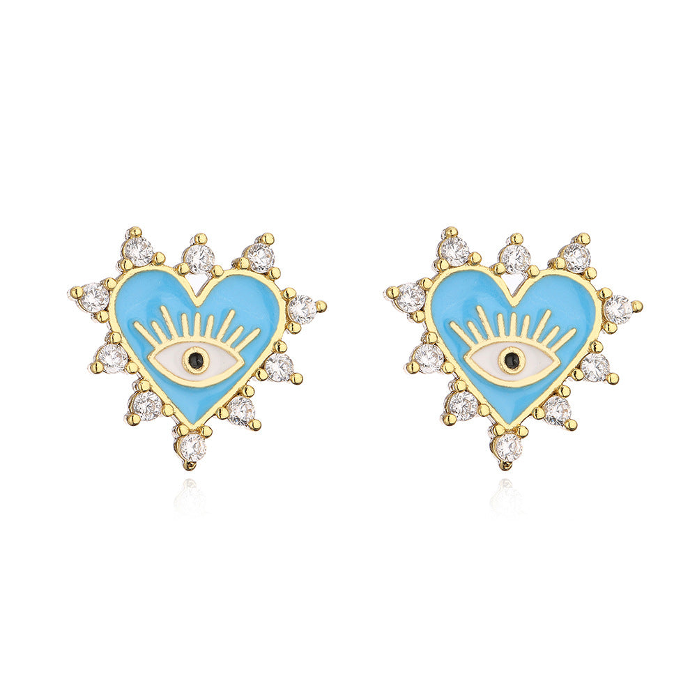 Geometric Earrings for Women with Copper Base Plated in 18K Gold and Enamel-Finished Zirconia Eye Accents