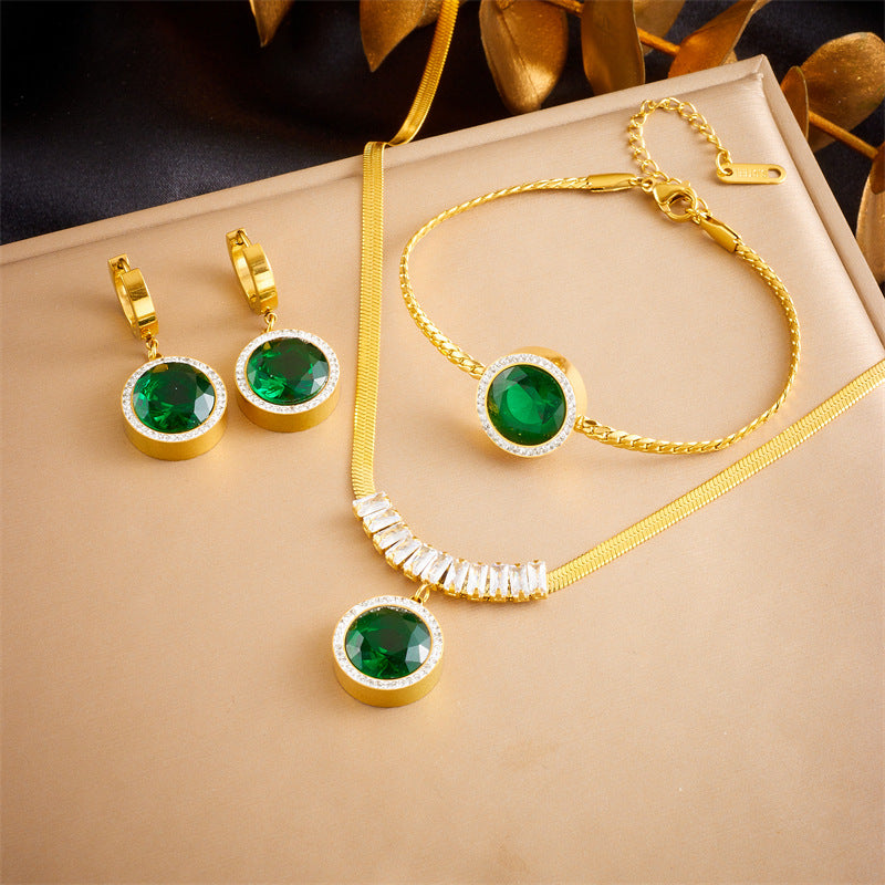 Set di collana con pendente rotondo di strass in stile vintage con orecchini e bracciale a catena in corda in acciaio inossidabile