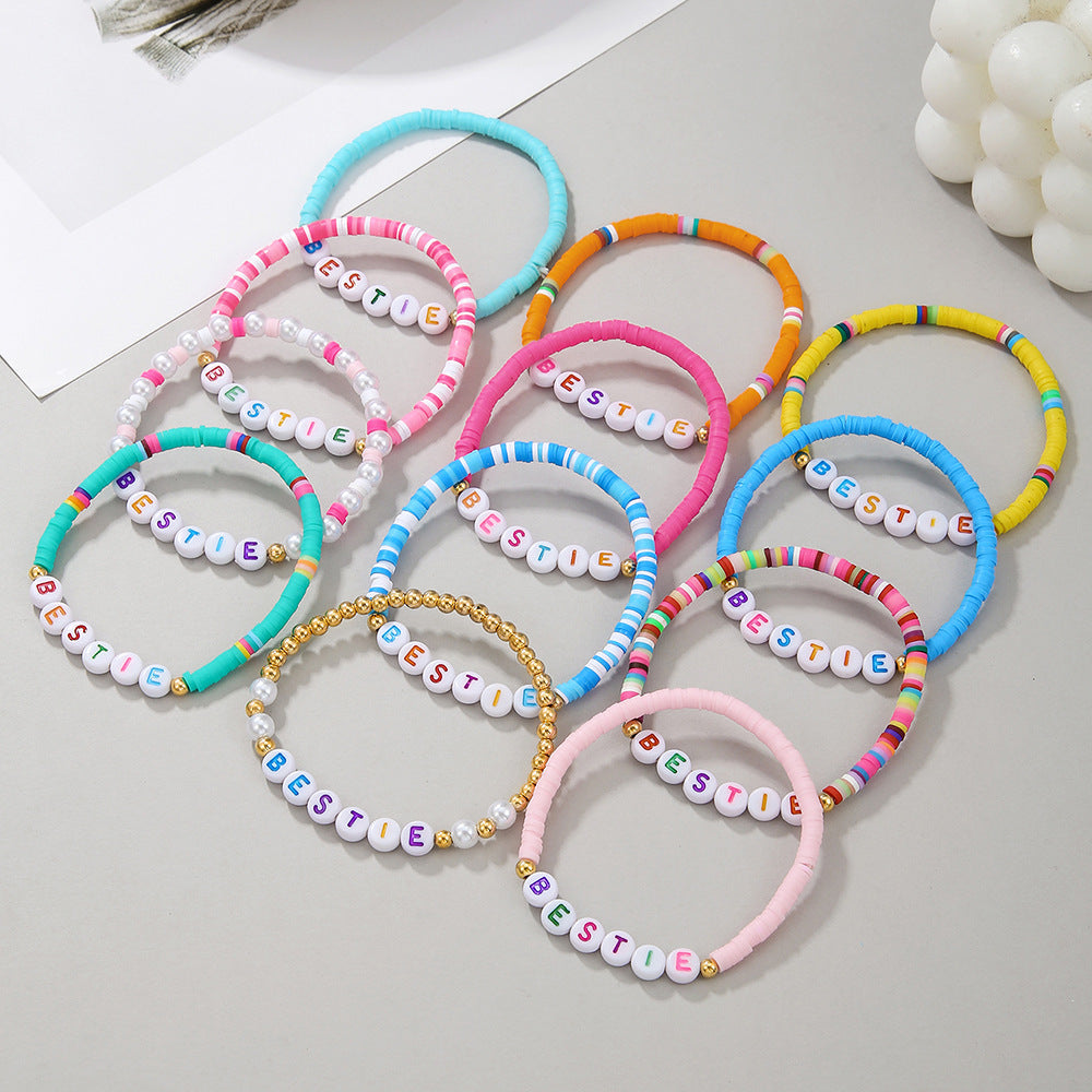 Bohemian Colorful Resin Letter Beaded Bracelet with Brass Accents