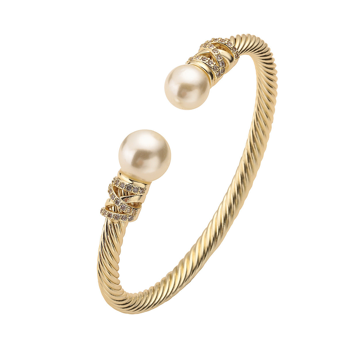 Minimalist Geometric Gold-Plated Copper Bracelet with Zirconia and Pearl Accents for Women