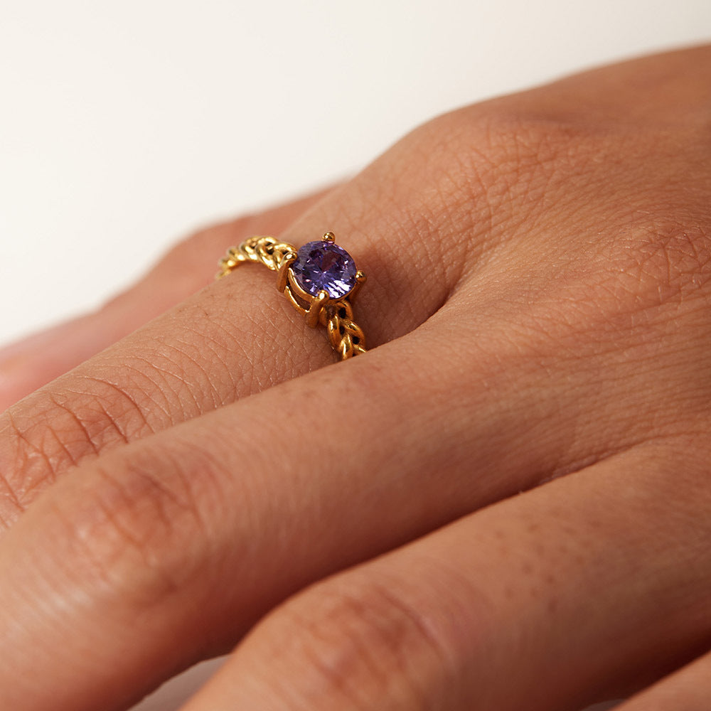 Fashionable 18K Gold Plated Stainless Steel Round Zircon Wheat Braided Adjustable Ring for Women