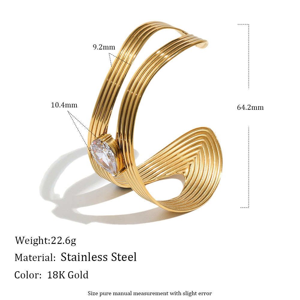 Minimalist Stainless Steel Plated 18K Gold Tone Geometric Stripe Cuff Bracelet with Zirconia Accents