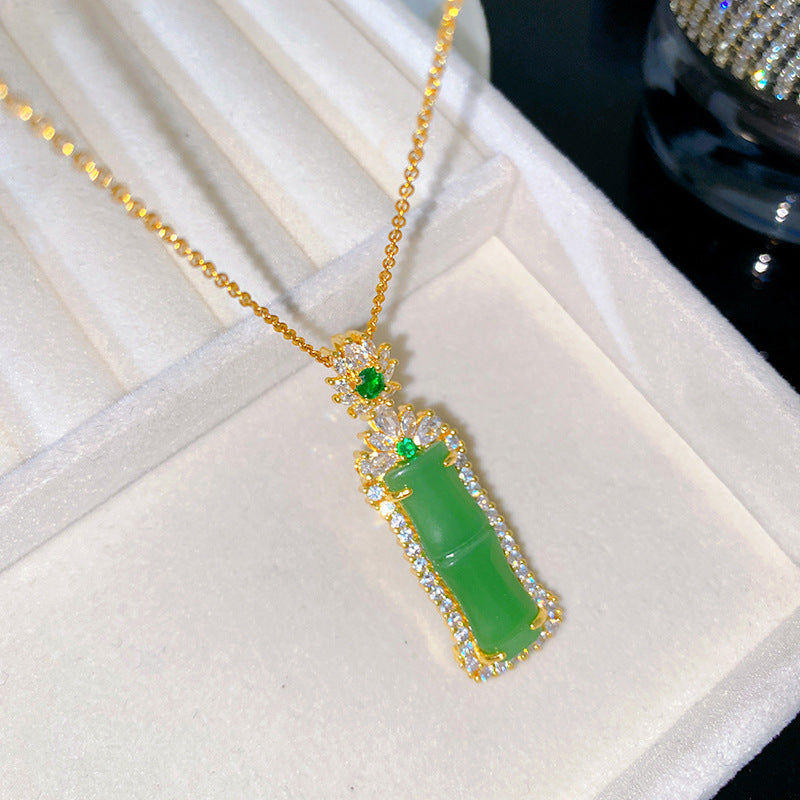Vintage Sweet Green Bamboo Heart Plant Titanium Steel Plated Brass Pendant Necklace Cable Chain Unisex
