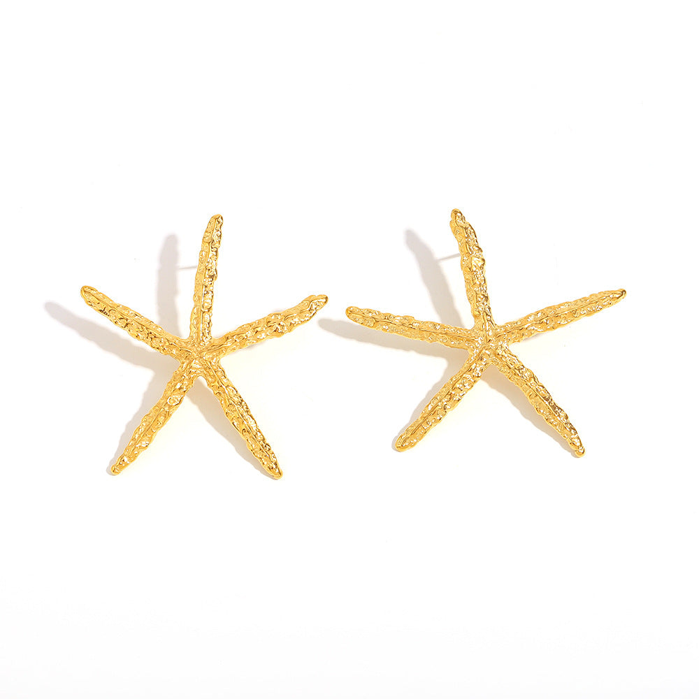 Minimalist Starfish-Shaped Stainless Steel Earrings with 18K Gold Plating and Hammered Texture for Women