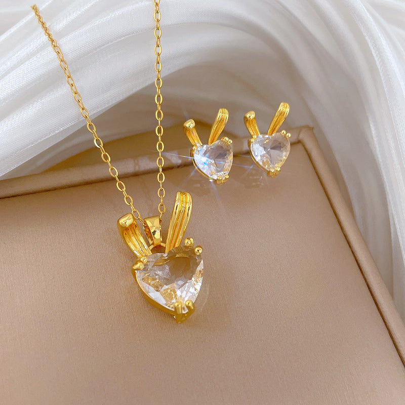 Sweet Luxury Rabbit Glass Rhinestone Necklace Titanium Steel Cable Chain Jewelry Set