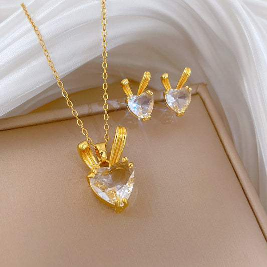 Sweet Luxury Rabbit Glass Rhinestone Necklace Titanium Steel Cable Chain Jewelry Set