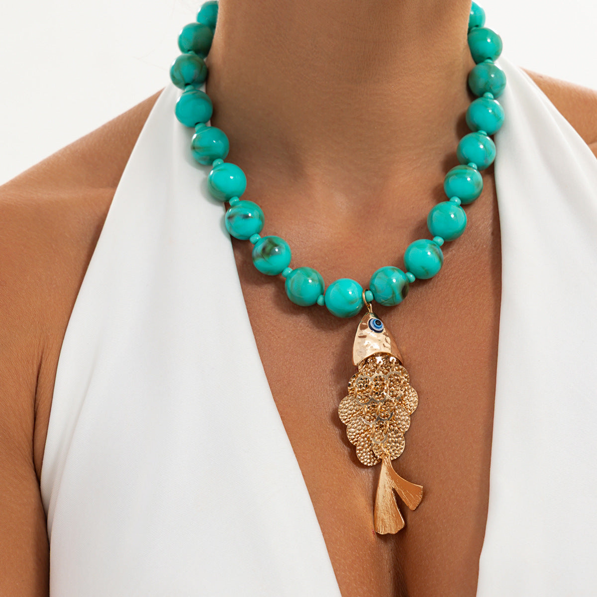 Bohemian Plated Zinc Alloy Fish Pendant Resin Necklace for Women