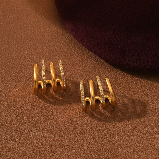 Pendientes de botón geométricos de acero inoxidable estilo francés vintage con incrustaciones de diamantes de imitación y acabado chapado para mujer