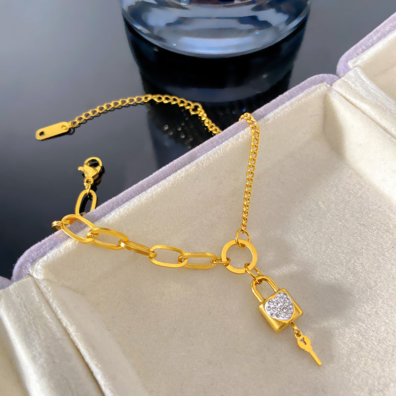Personalized Key and Lock Rhinestone Plated Titanium Steel Bracelet Adjustable Chain