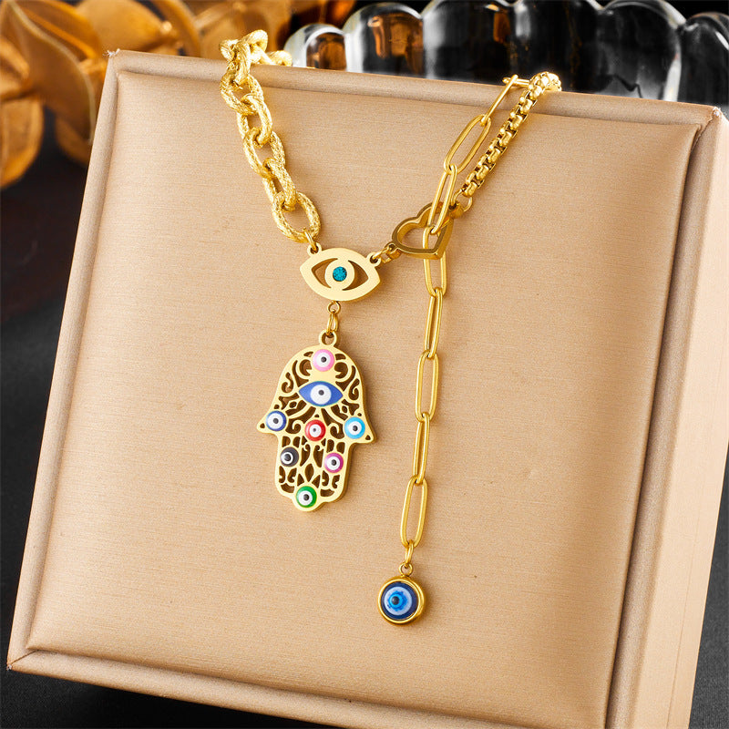 Vintage Gold Plated Hand Eye Pendant Stainless Steel Cable Chain Necklace Jewelry Set for Women