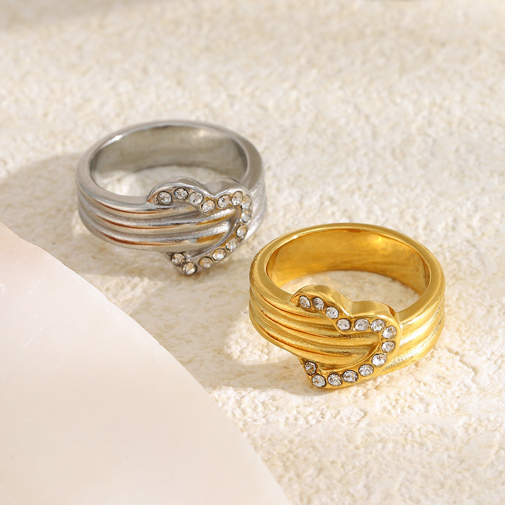 Minimalist Luxury 18K Gold Plated Stainless Steel Heart Rhinestone Ring for Women
