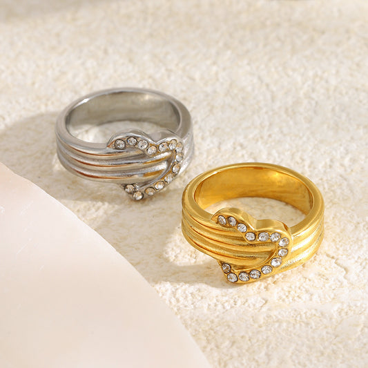 Minimalist Luxury 18K Gold Plated Stainless Steel Heart Rhinestone Ring for Women