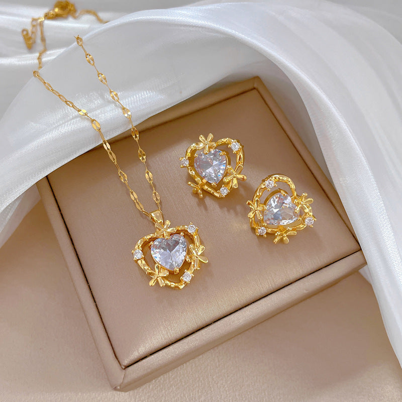 Luxury Heart Flower Geometric Titanium Steel Necklace and Earrings Set for Women