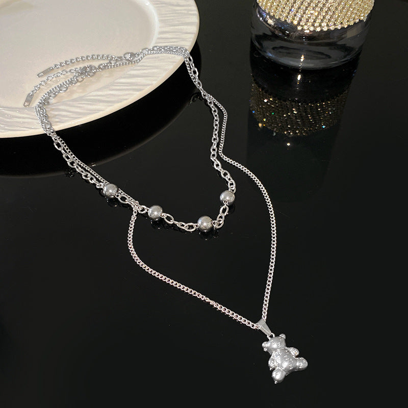 Hip-hop Titanium Steel Bear Pendant Ball Chain Necklace for Unisex