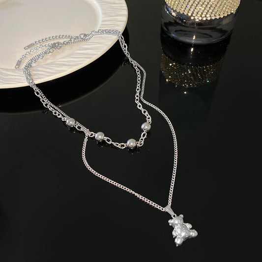 Hip-hop Titanium Steel Bear Pendant Ball Chain Necklace for Unisex