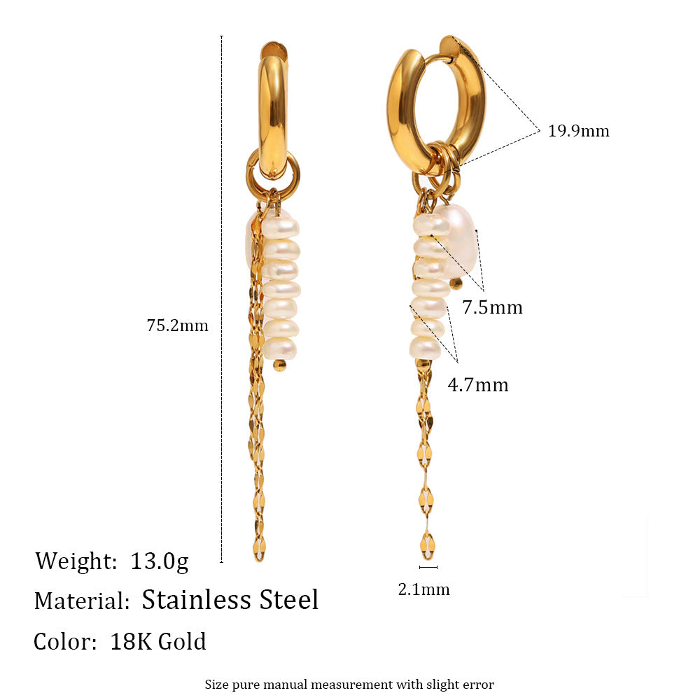 Minimalist Geometric Stainless Steel Earrings with 18K Gold Plating, Pearl-Embellished Chain Tassel Design for Women