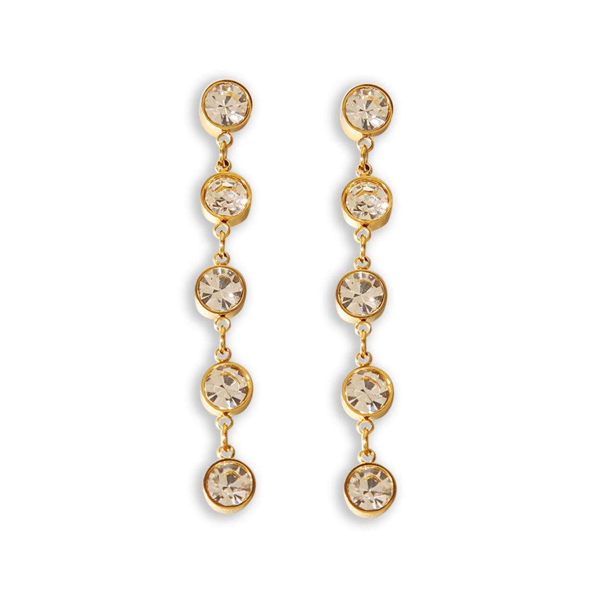 Fashionable Geometric Tassel 18K Gold Plated Stainless Steel Round Rhinestone Earrings for Women