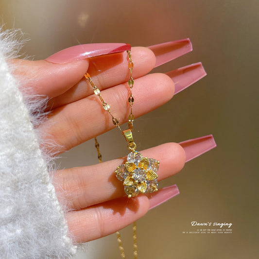Cartoon-Style Geometric Snowflake Zircon Pendant Necklace for Women in Titanium Steel with Micro-Pavé Setting and Clavicle Chain
