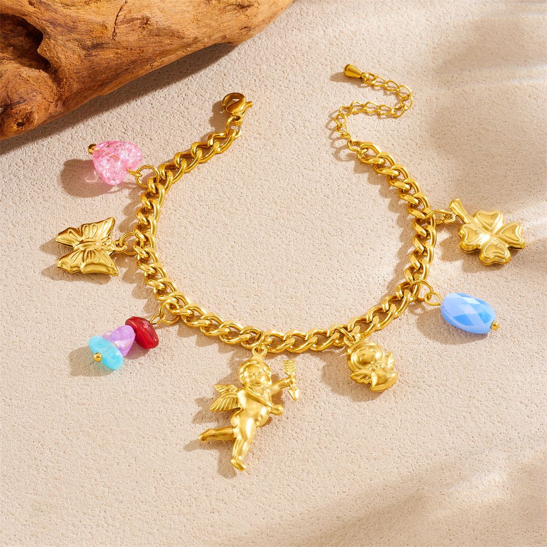 Cute Cartoon Gold Plated Stainless Steel Butterfly Flower Angel Pendant Jewelry Set for Women