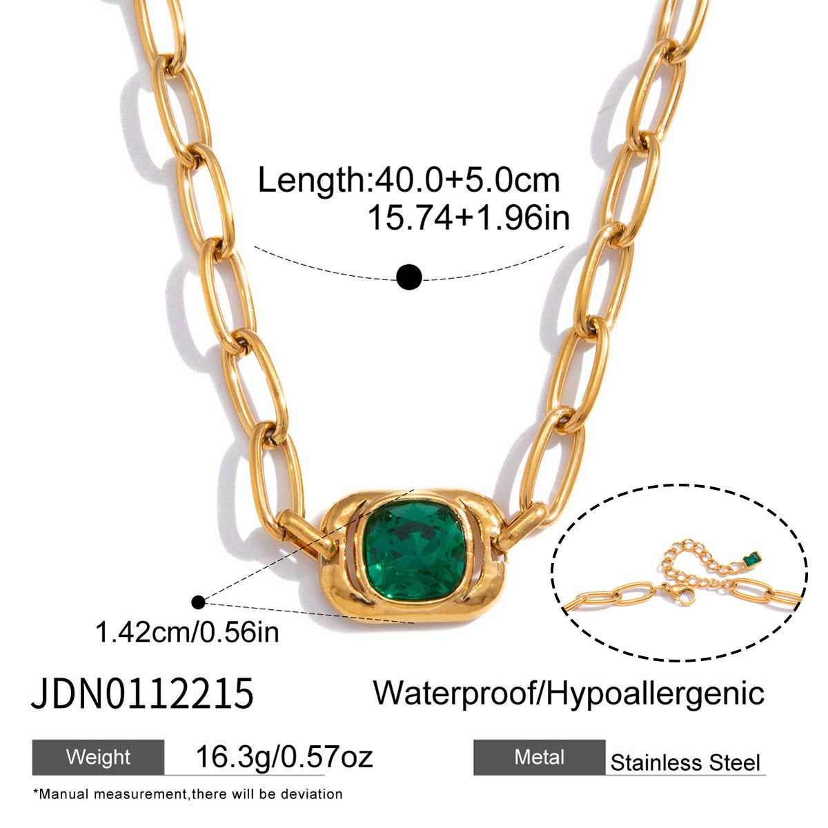 Minimalist Green Glass Geometric Square Stainless Steel PVD Plated Necklace for Women