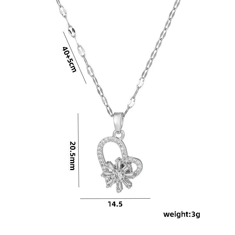 Rotating Snowflake Heart Pendant Necklace for Women in Titanium Steel with Rhinestone Inlay on Wavy Chain Minimalist Geometric Design