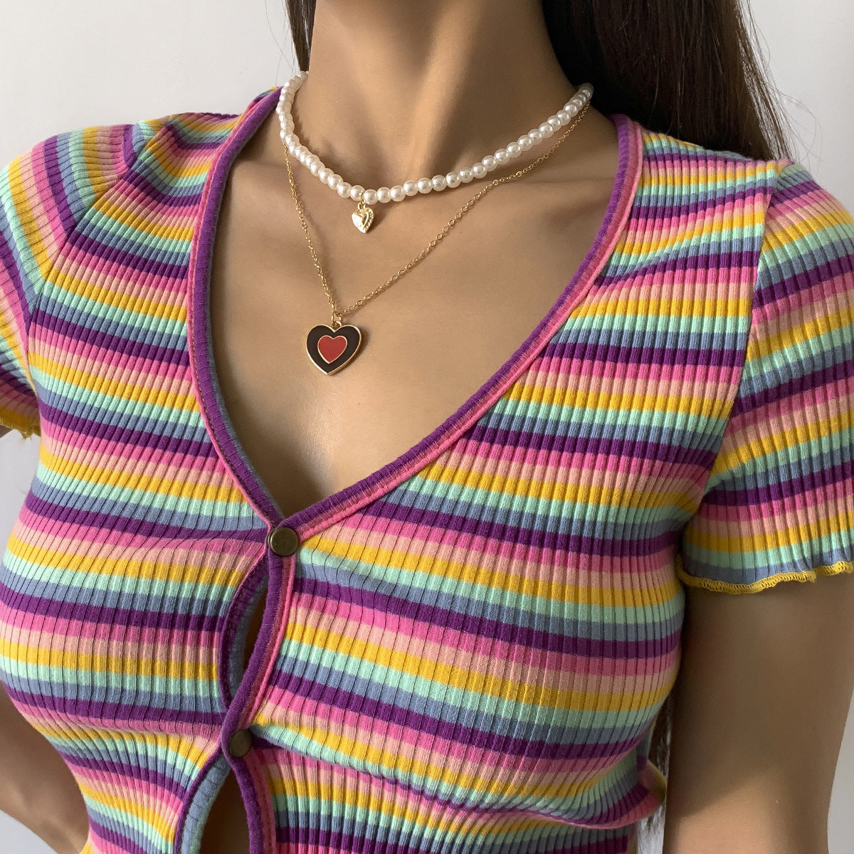 Vintage Hip-hop Sweet Geometric Heart Drip Oil Alloy Pendant Imitation Pearl Ball Chain Necklace for Women