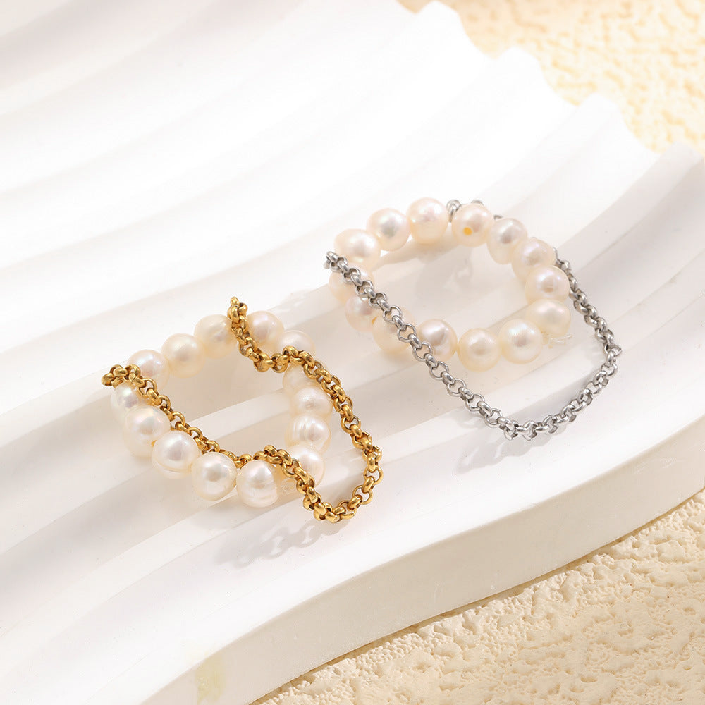 Luxury Minimalist 18K Gold Plated Stainless Steel Round Pearl Tassel Elastic Ring for Women