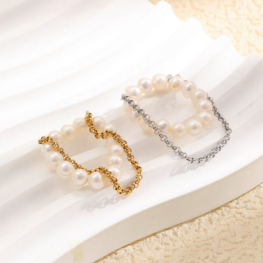 Luxury Minimalist 18K Gold Plated Stainless Steel Round Pearl Tassel Elastic Ring for Women