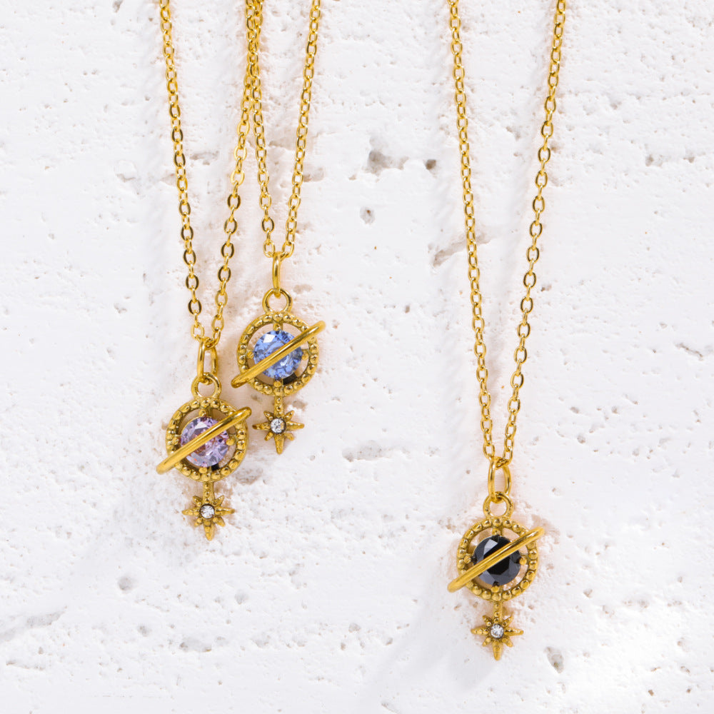 Collana Pendente Stella Saturno Geometrico Vintage, Acciaio Inossidabile Placcato Oro 18K con Intarsio di Strass, Gioielli da Donna