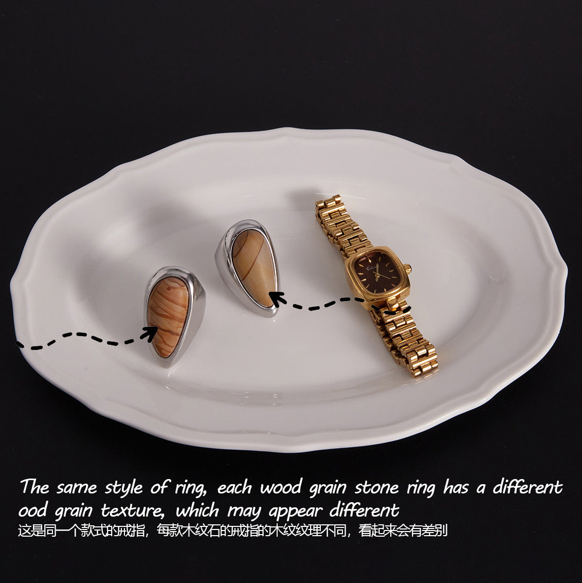 Anillo de acero de titanio con grano de madera geométrica estilo vintage para mujer con banda de acero inoxidable con chapado de oro al vacío PVD
