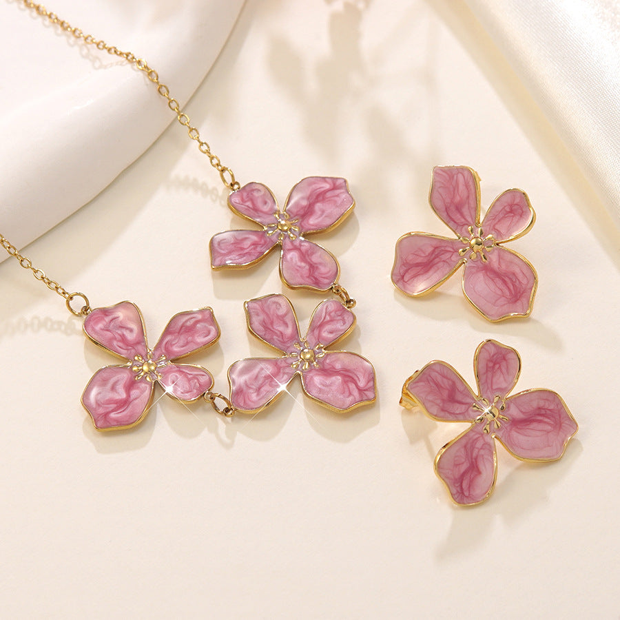 Vintage Sweet Drip Oil Floral Stainless Steel Necklace and Earring Set for Women