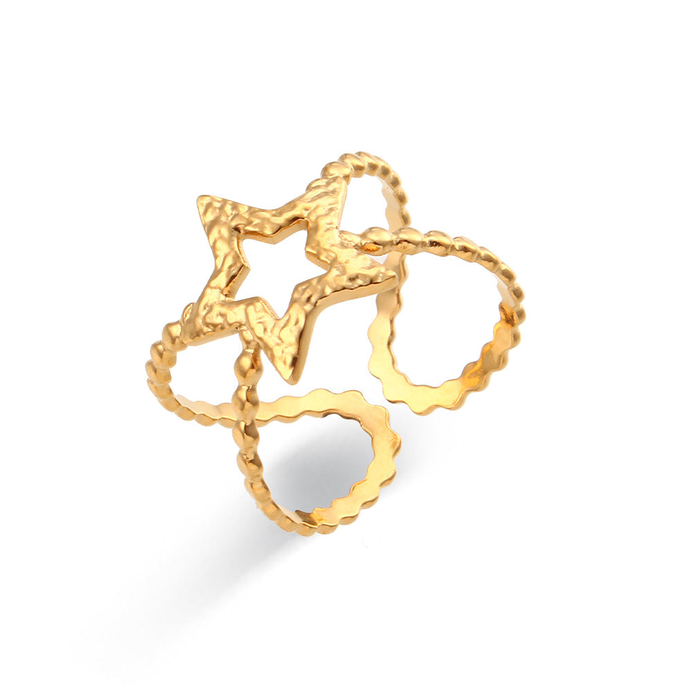Anillo abierto trenzado de acero inoxidable calado geométrico a la moda para mujer con acabado chapado