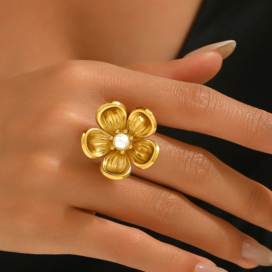 Anello aperto floreale alla moda per donna in rame con intarsio in perle, design geometrico e botanico, anello versatile per dito indice