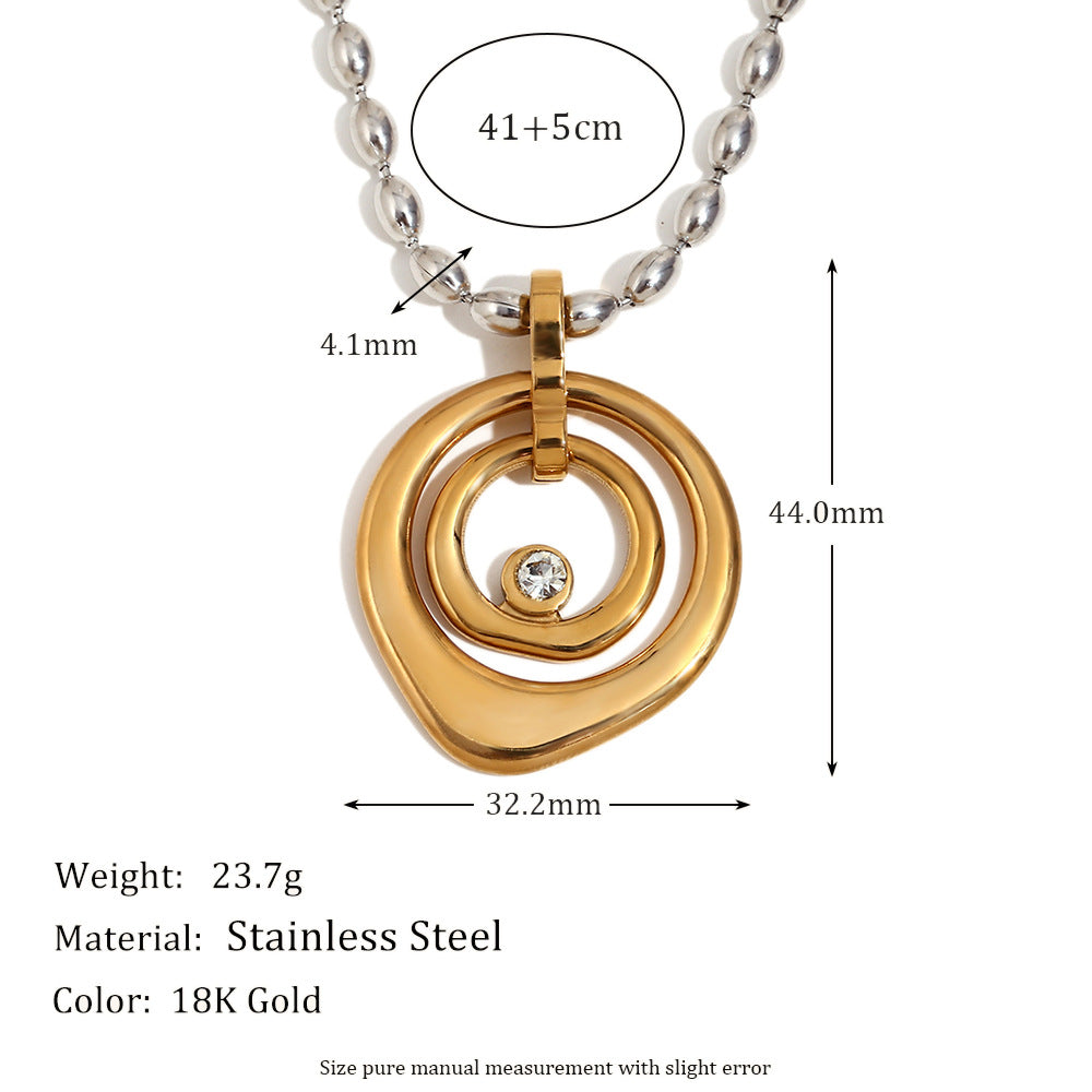 Minimalist Geometric Stainless Steel Pendant Necklace with 18K Gold Plating, Circular and Ring-Shaped Charms, Polished Round Beads, for Women