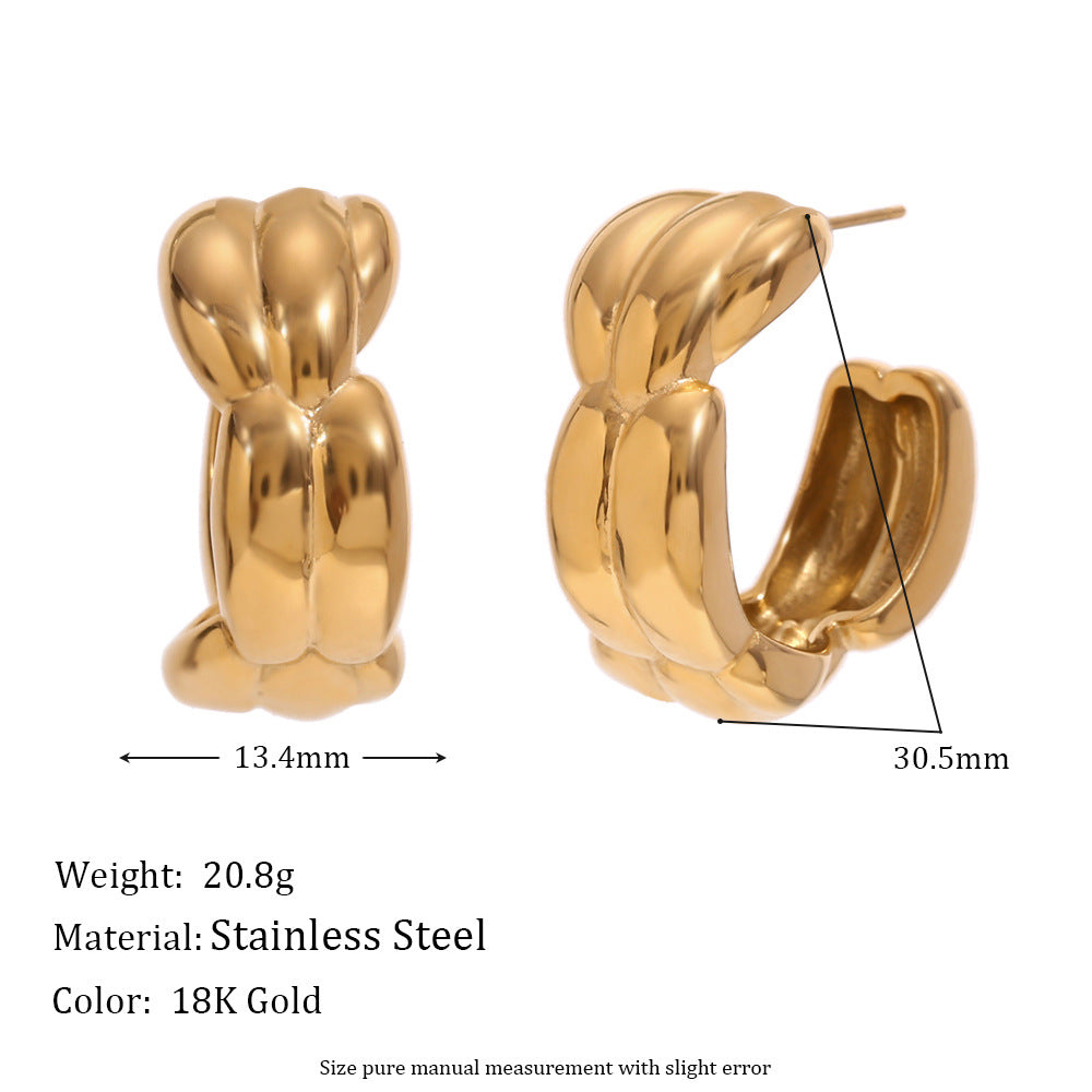 Vintage-Inspired Geometric Hollow-Woven Stainless Steel Ear Studs with 18K Gold Plating and Heart Shape Accent