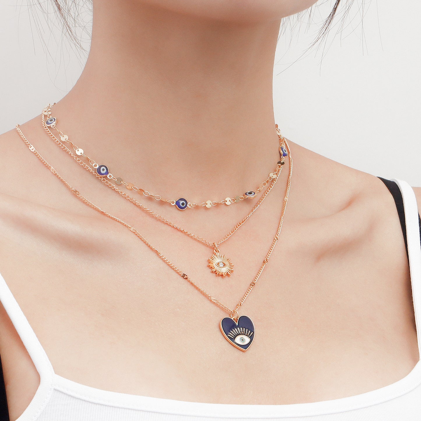 Minimalist Geometric Evil Eye Pendant Necklace for Women with Alloy Chain and Electroplated Finish