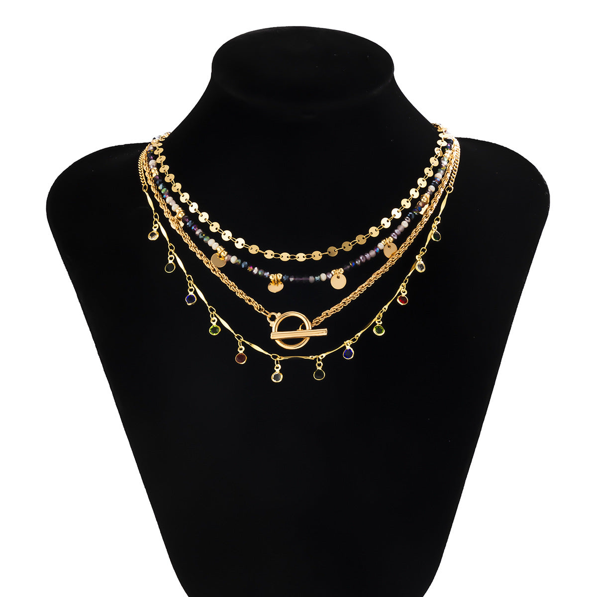 Collana Pendente Etnico Geometrico Vintage con Nappa e Dettagli Perlinati su Catena Serpentina in Lega Placcata Oro da Donna