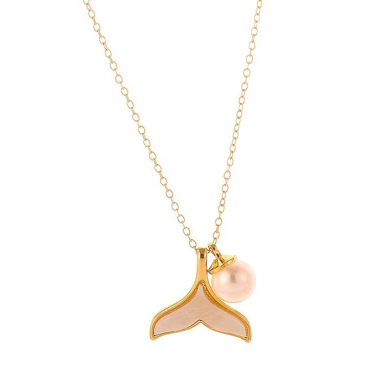 Collana con pendente a coda di pesce geometrica con perla da donna in acciaio al titanio placcato oro
