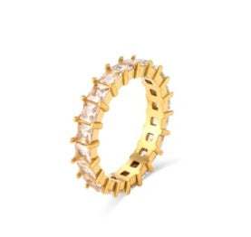 Anillo de circonia de acero inoxidable chapado en oro de 18 quilates con incrustaciones de circonita completa y diseño engastado en los bordes para mujer, estilo geométrico a la moda