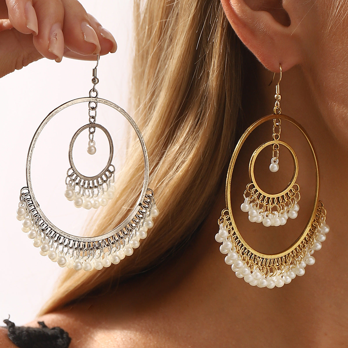 Ethnic Bohemian Geometric Earrings with Pearl Accents in Zinc Alloy with Plated Finish for Women