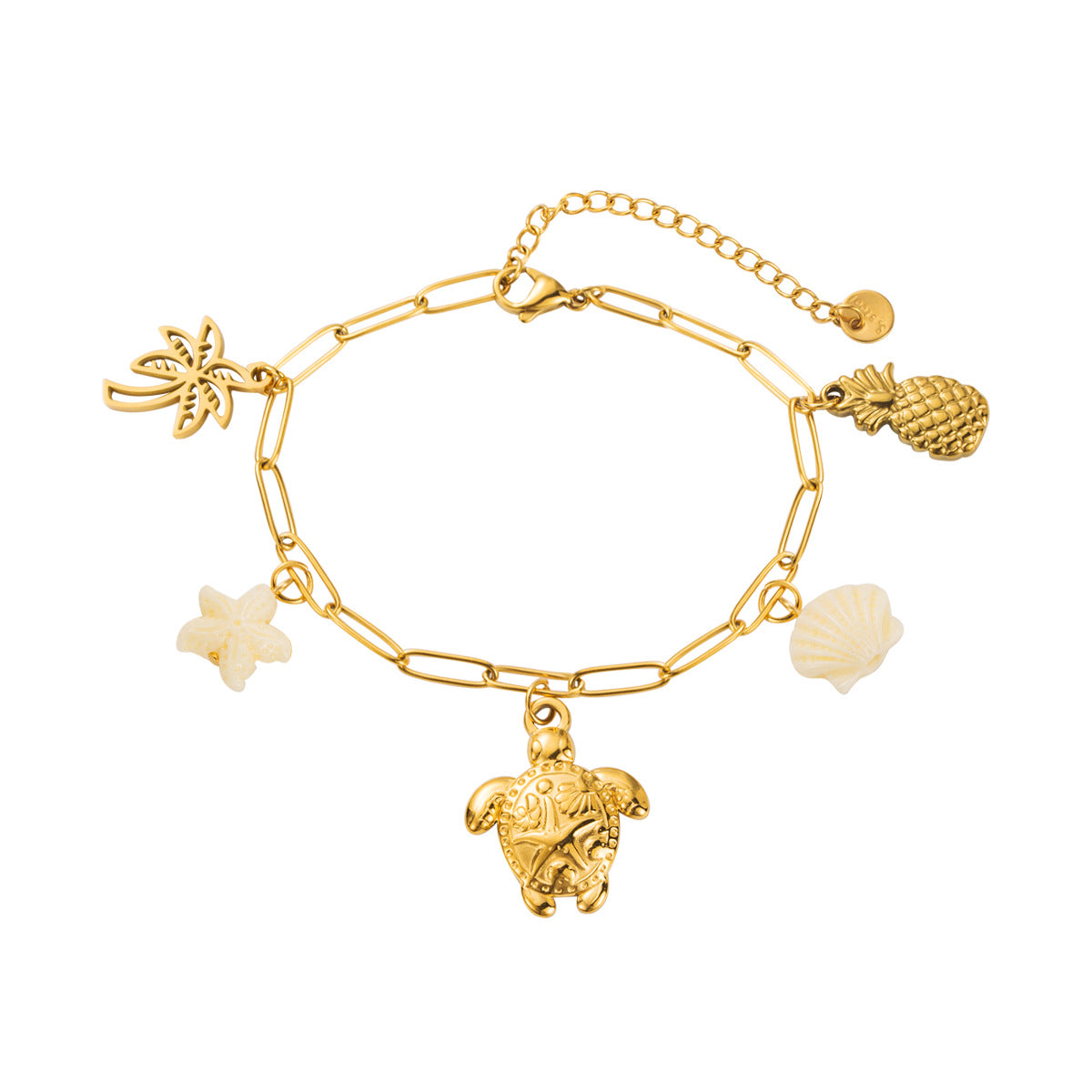 Bracciale in Acciaio Inossidabile a Forma di Animale all'Avanguardia con Ciondoli a Tartaruga, Stella Marina, Granchio e Delfino Placcati in Oro 14K per Donna