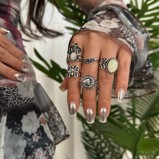 Vintage Bohemian Geometric Butterfly Gemstone Plated Alloy Ring Set for Women