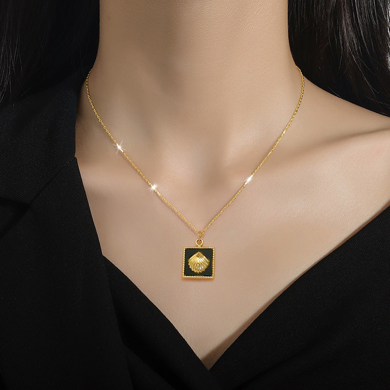 Minimalist Geometric Square Shell Pendant Necklace for Women Titanium Steel Plated with Real Gold Locket Chain
