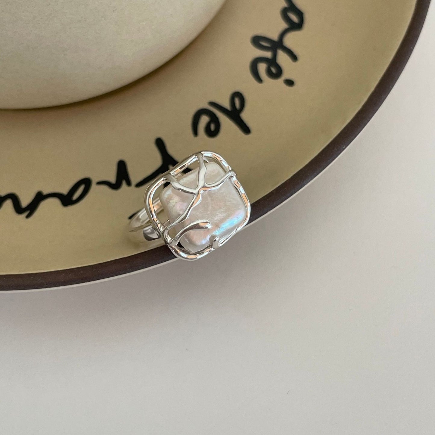Minimalist French Style Heart-Shaped 925 Sterling Silver Ring with Pearl Inlay for Women