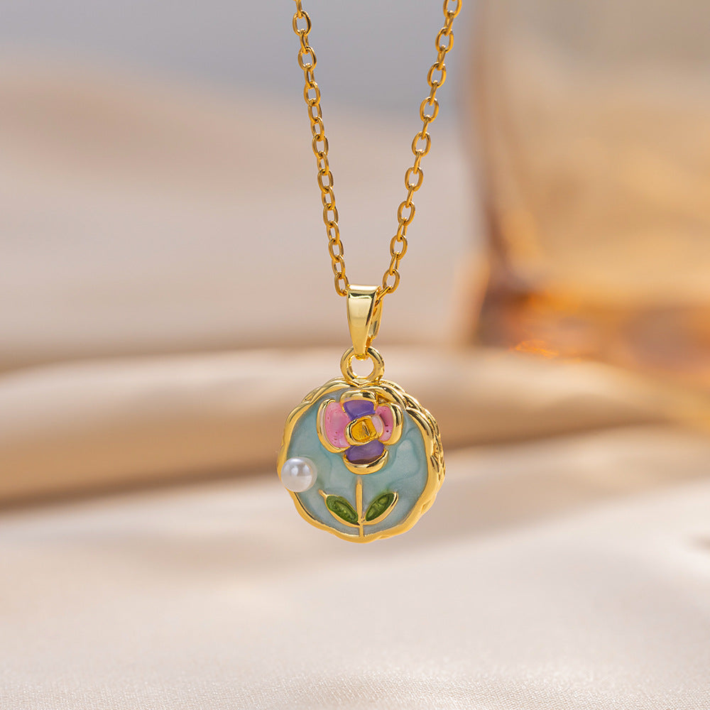 Elegant Floral Enamel Pendant Necklace for Women with Copper Charm and Titanium Steel O-Chain