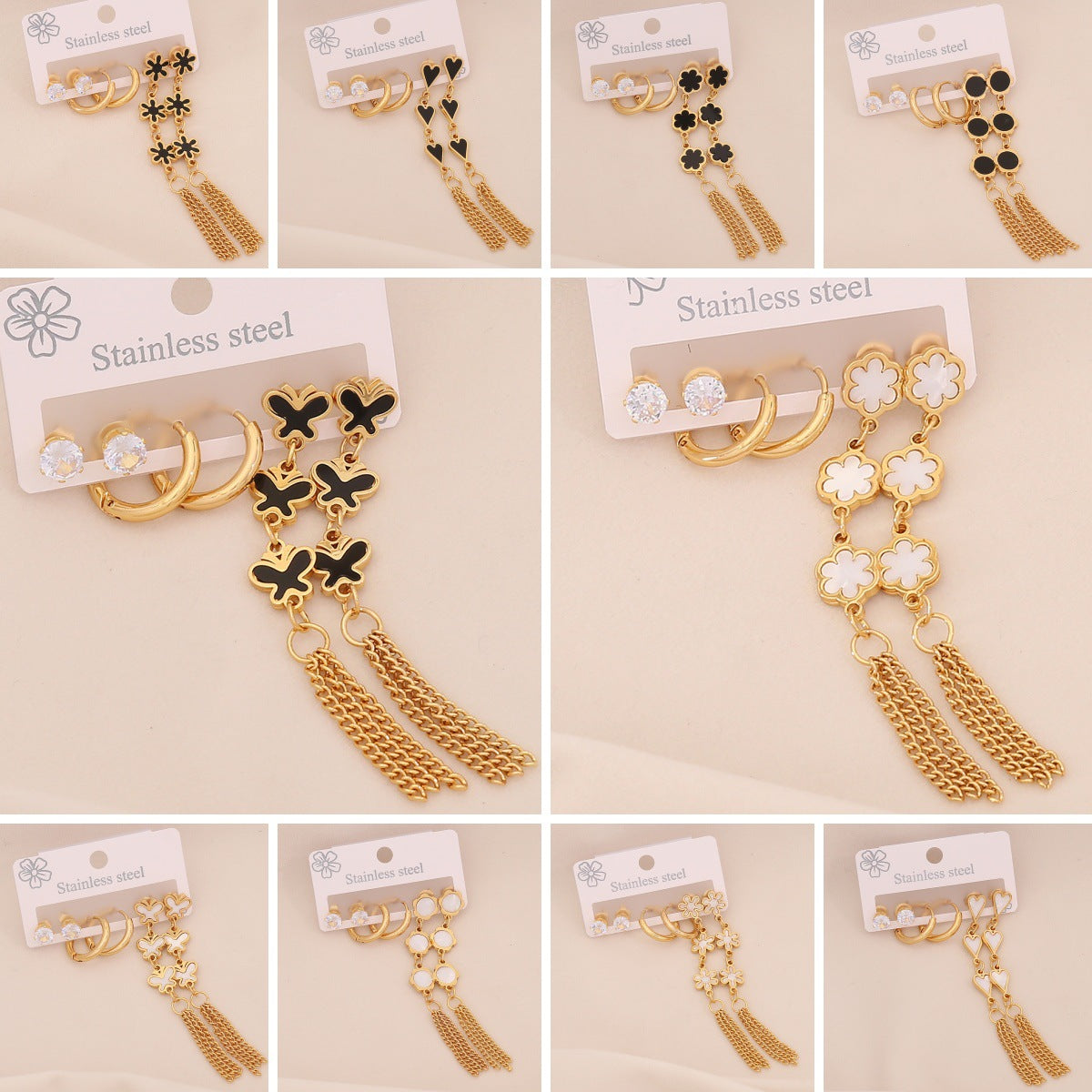 Fashionable OL Style Heart-Shaped Titanium Steel Earrings Set with Electroplated Finish and Floral Six-Petal Flower Design for Women